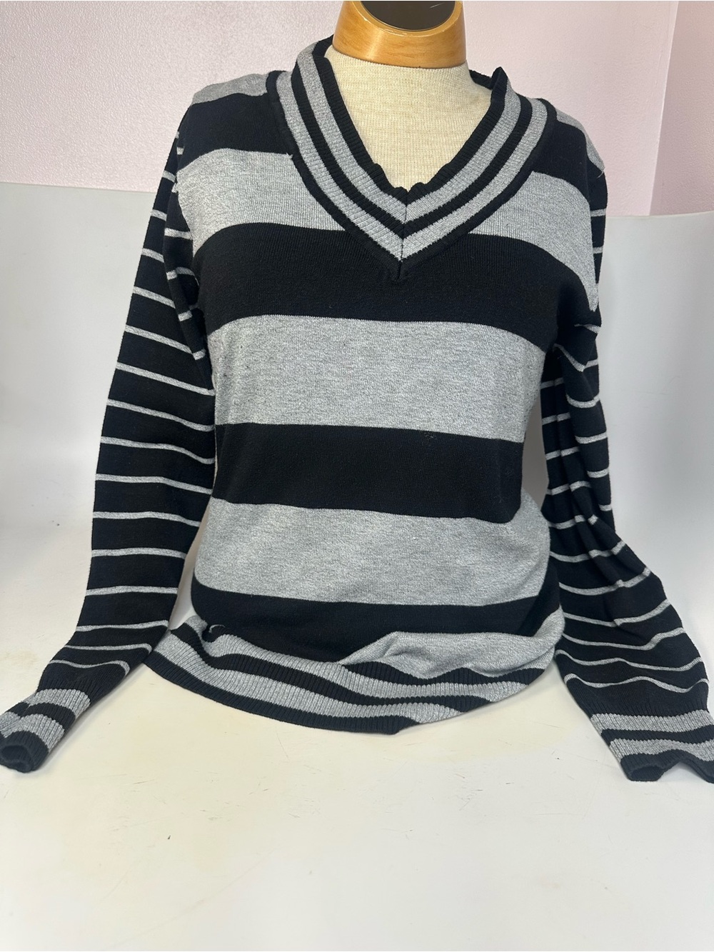 Black & Gray Striped V-Neck Women's Sweater